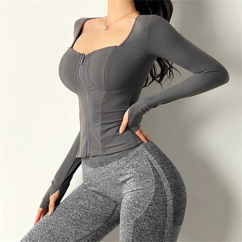 Women Inner Pad Yoga Shirt  Long Sleeve  Bodybuilding Yoga Top Sportswear