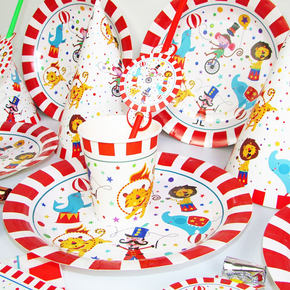 Circus Theme Party Decorations Striped Animals Disposable Tableware Set Plate - Pioneer Merchandise