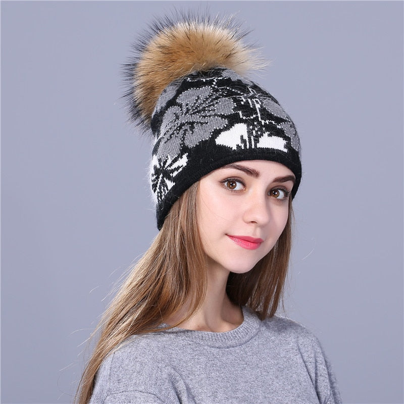 [Xthree]real Raccoon fur pom poms knitted beanie winter hat - Pioneer Merchandise