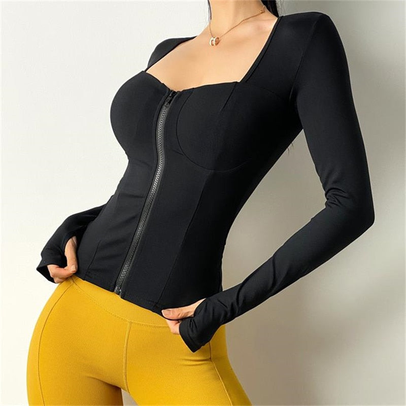 Women Inner Pad Yoga Shirt  Long Sleeve  Bodybuilding Yoga Top Sportswear