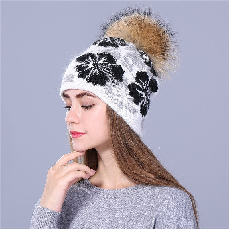 [Xthree]real Raccoon fur pom poms knitted beanie winter hat - Pioneer Merchandise