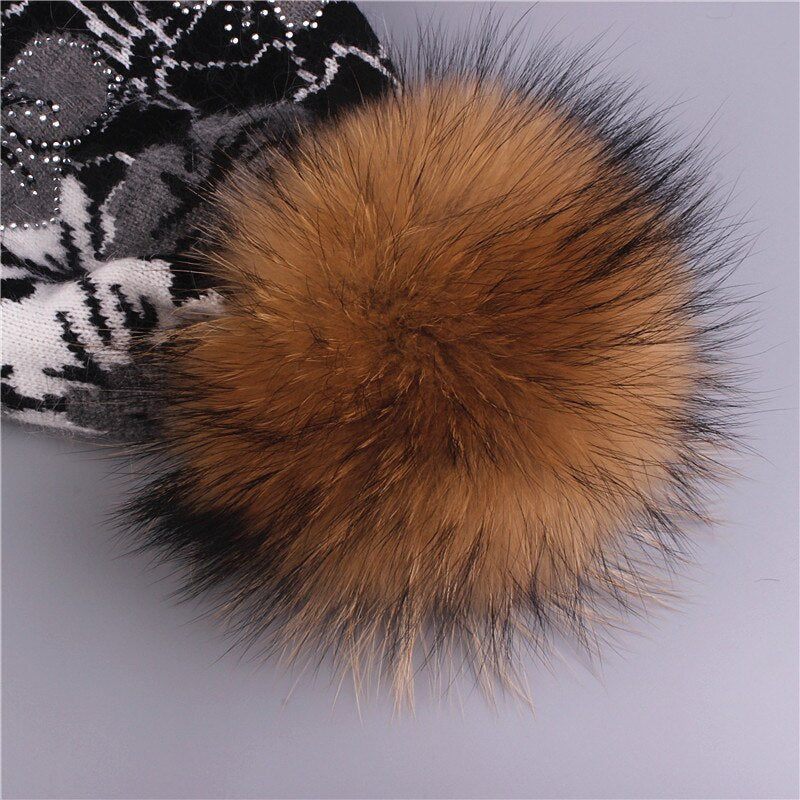 [Xthree]real Raccoon fur pom poms knitted beanie winter hat - Pioneer Merchandise