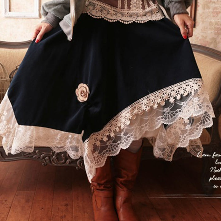 Sweet Lolita Pleated Embroidery Skirt Women Clothing Patchwork Lace Irregular Loose