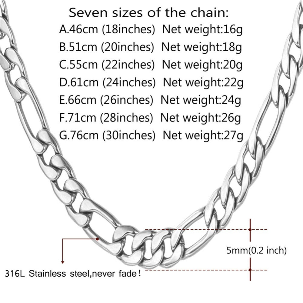 U7 Mens 5mm Figaro Chain Necklace