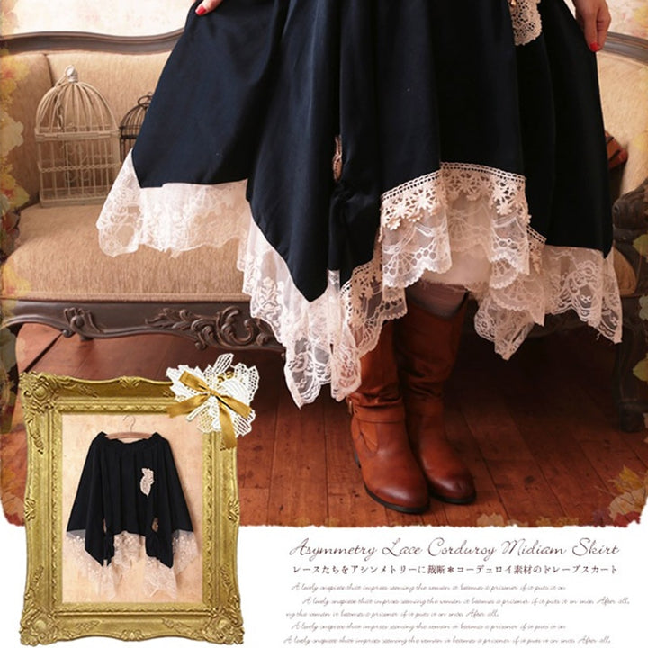 Sweet Lolita Pleated Embroidery Skirt Women Clothing Patchwork Lace Irregular Loose