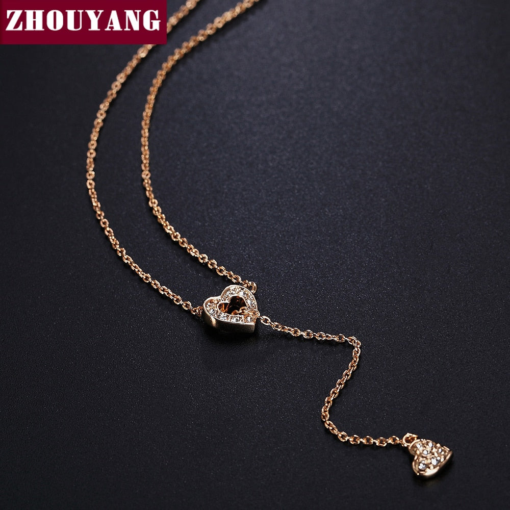 ZHOUYANG  Necklace For Women Heart Linked To Heart Rose Gold Color Fashion Necklace