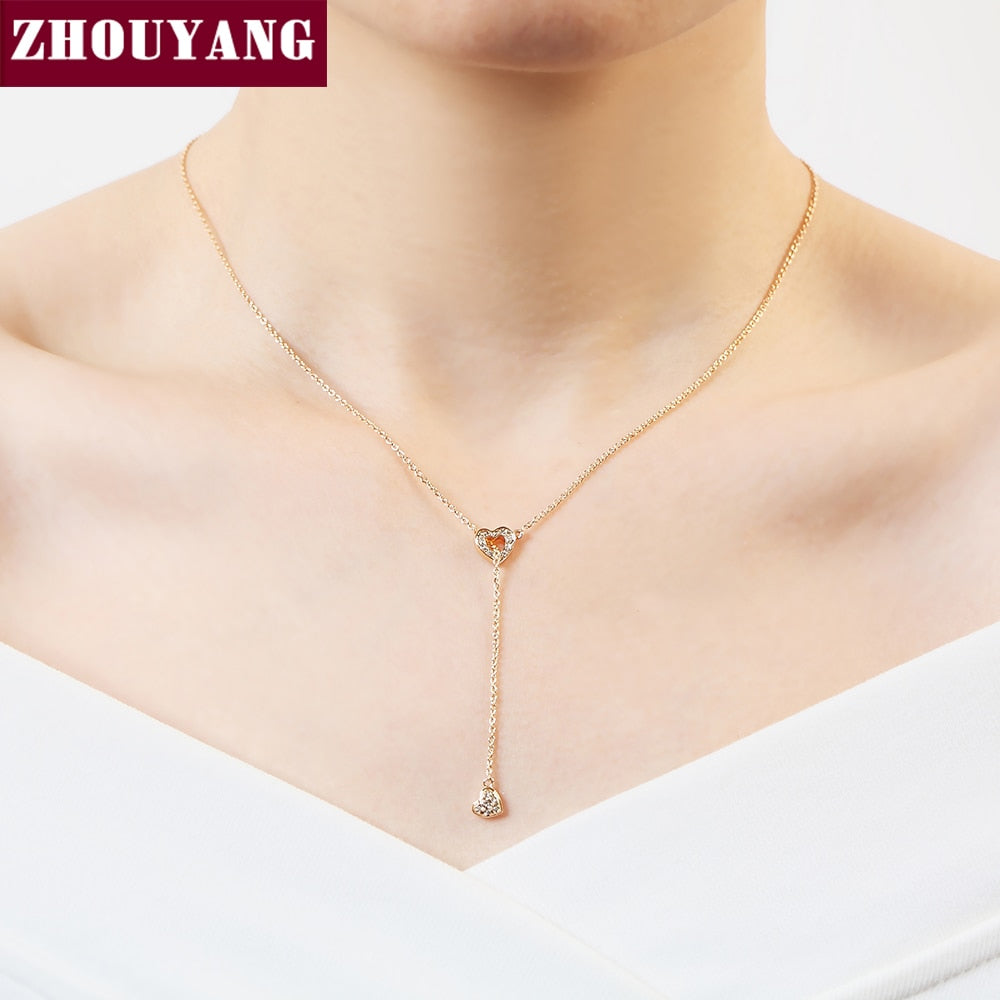 ZHOUYANG  Necklace For Women Heart Linked To Heart Rose Gold Color Fashion Necklace