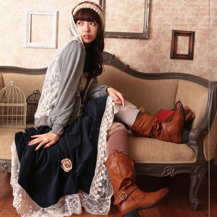 Sweet Lolita Pleated Embroidery Skirt Women Clothing Patchwork Lace Irregular Loose