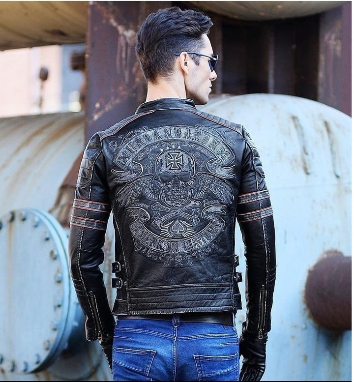 Brand skull cowhide coat.Y2K black slim genuine leather jacket