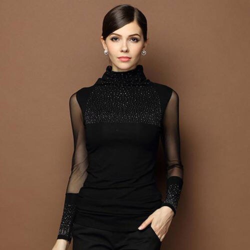 M-3XL Sexy Lace Women Tops Autumn 2019 blusas new Slim beaded openwork Women clothing