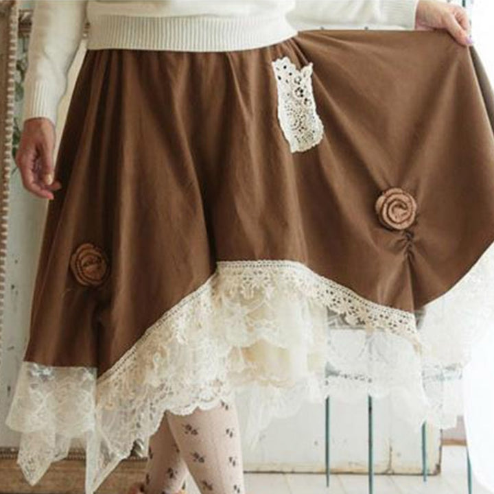 Sweet Lolita Pleated Embroidery Skirt Women Clothing Patchwork Lace Irregular Loose