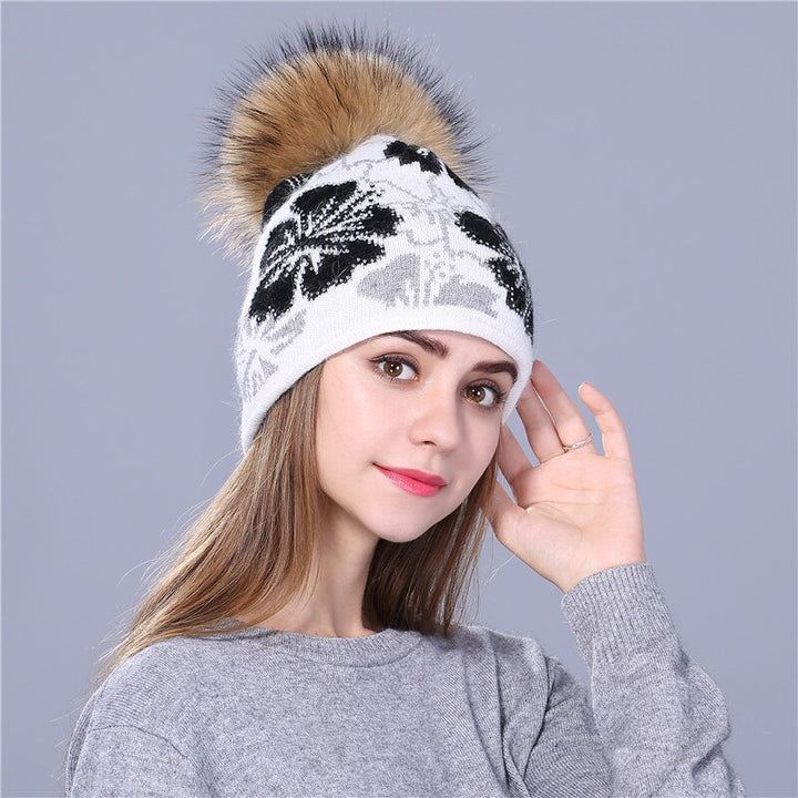 [Xthree]real Raccoon fur pom poms knitted beanie winter hat - Pioneer Merchandise