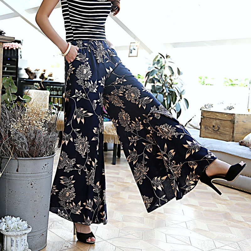 Casual 2023 Summer Plus Size Floral Wide Leg Pants Women Clothing