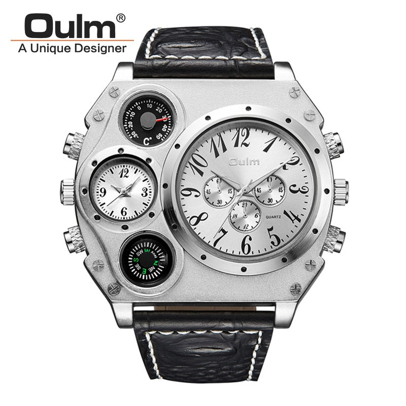 OULM Watch Men Quartz Sport Leather Strap Watches Big Dial Military Wristwatch