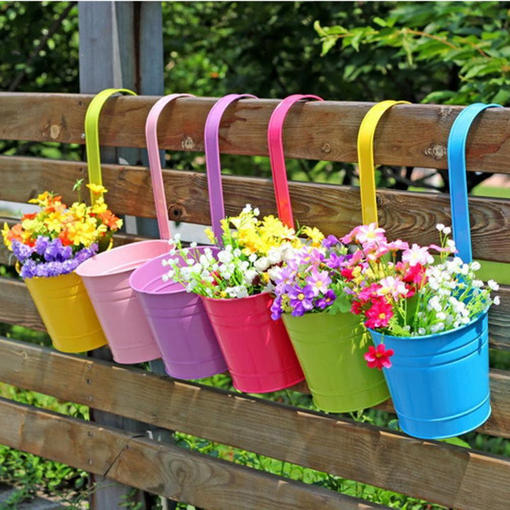 Wall Hanging Flower Pots, Metal Fence Hanging Plant Pots Iron Garden Planter Pots Tin Bucket Holder - Pioneer Merchandise