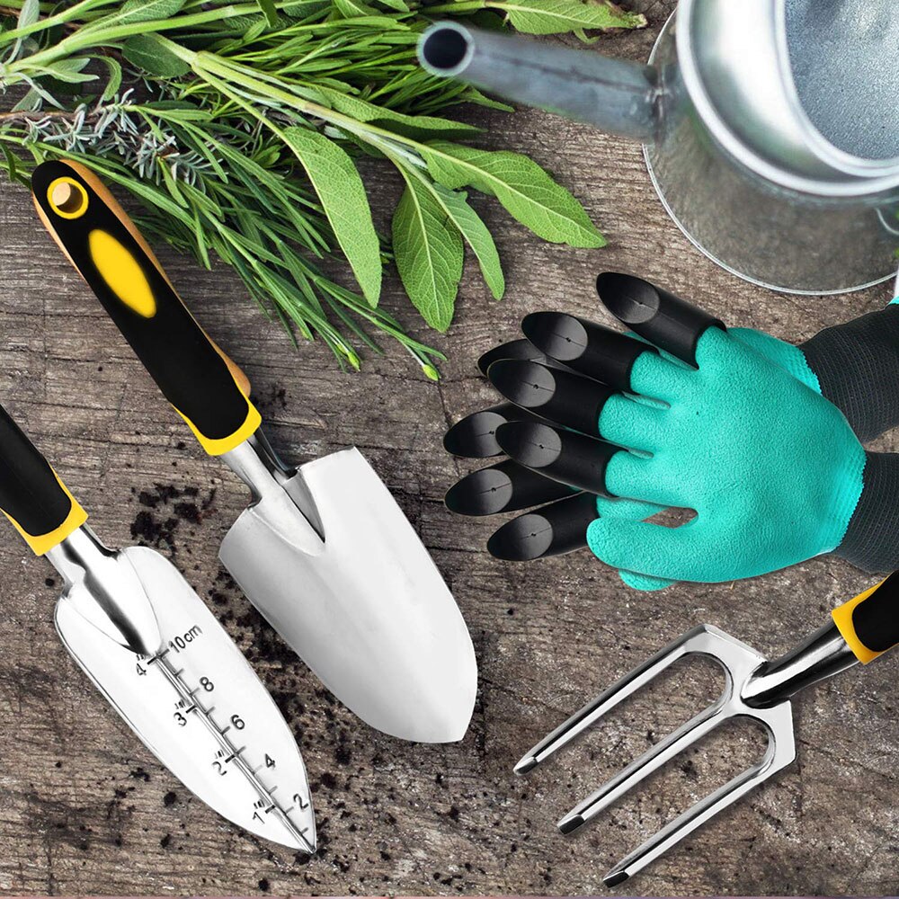 Garden Tool Set 4 Pack With Trowel, Cultivator Hand Rake, Transplant Trowel, Gardening Gloves For Weeding, Loosening Soil - Pioneer Merchandise