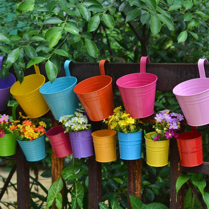 Wall Hanging Flower Pots, Metal Fence Hanging Plant Pots Iron Garden Planter Pots Tin Bucket Holder - Pioneer Merchandise