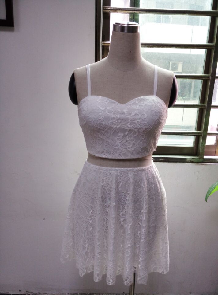 Brand New Women Clothing White Black V Neck Strap Lace 2 Piece Dress