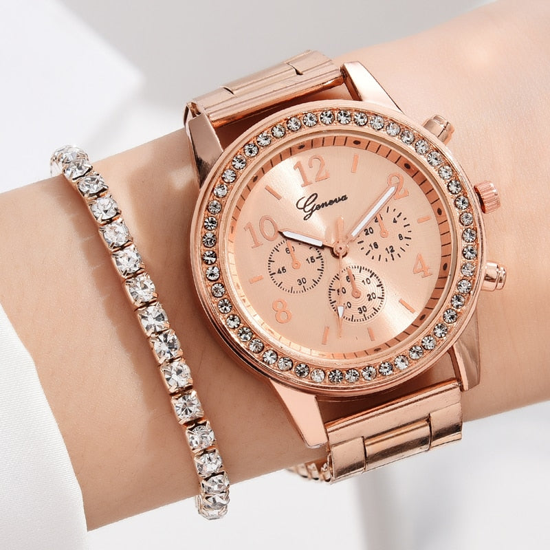 6PCS Set Luxury Watch Women Ring Necklace Earrings Rhinestone Fashion Wristwatch