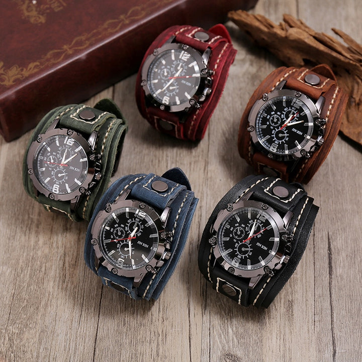 Mens Quartz Watches Luxury Wristwatch Cowhide Watchband Punk Style Wristwatch