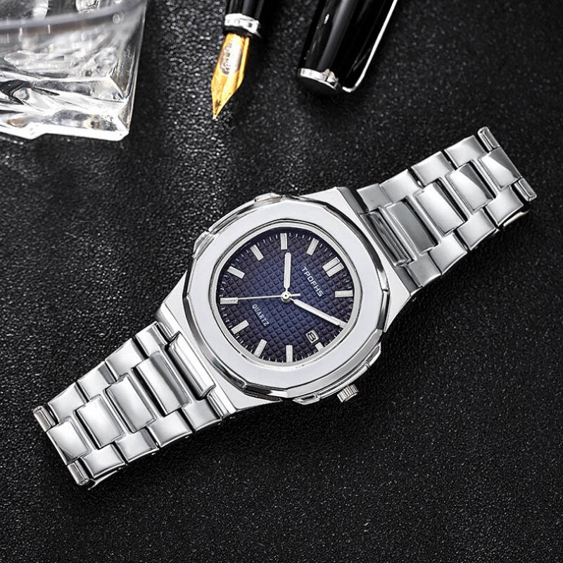 Men With Calendar Luminous Waterproof Steel Band Quartz Wristwatch