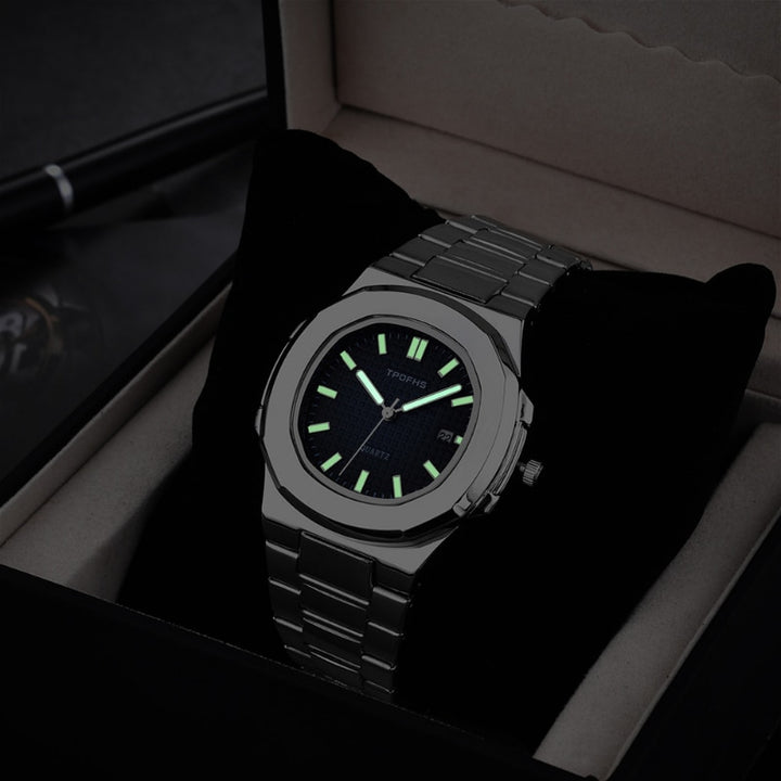 Men With Calendar Luminous Waterproof Steel Band Quartz Wristwatch