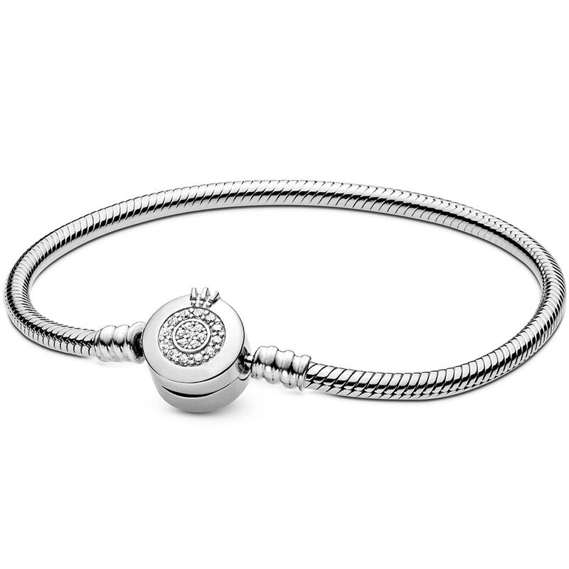 Rose Gold  Silver Moments Sparkling Crown O Snake Chain 925 Sterling Silver Bracelet Fit pandora Bangle