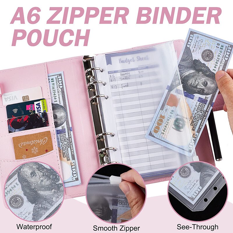 New 6 Hole Binder Pockets Plastic Binder Zipper Money Saving Envelope A6 Binder Budget Planner - Pioneer Merchandise