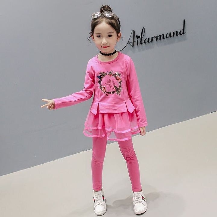 New Spring Girls Clothing Sets Cotton Cute Flower Long Sleeve Top