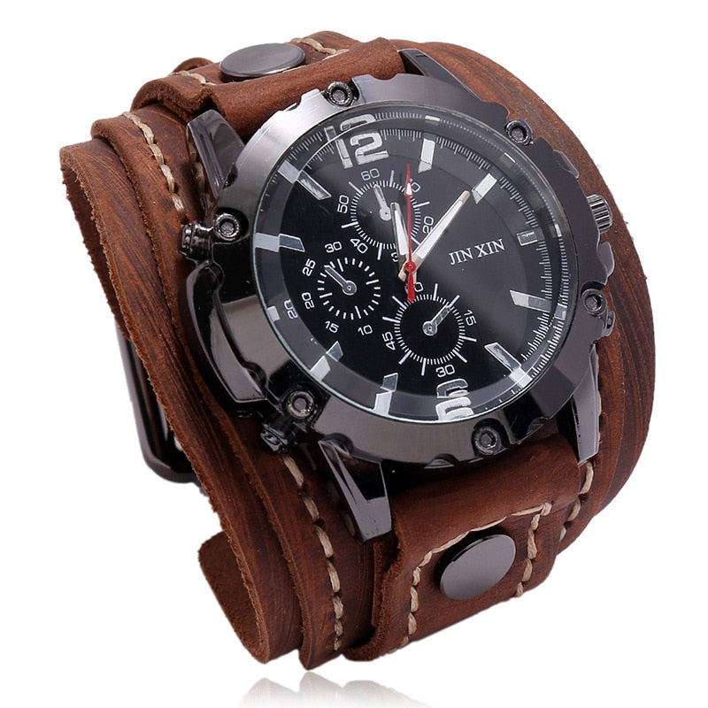 Mens Quartz Watches Luxury Wristwatch Cowhide Watchband Punk Style Wristwatch