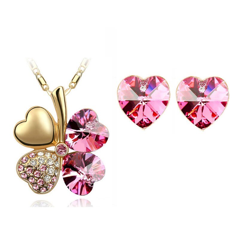 Crystal Clover 4 Leaf heart Pendant Necklace Earrings