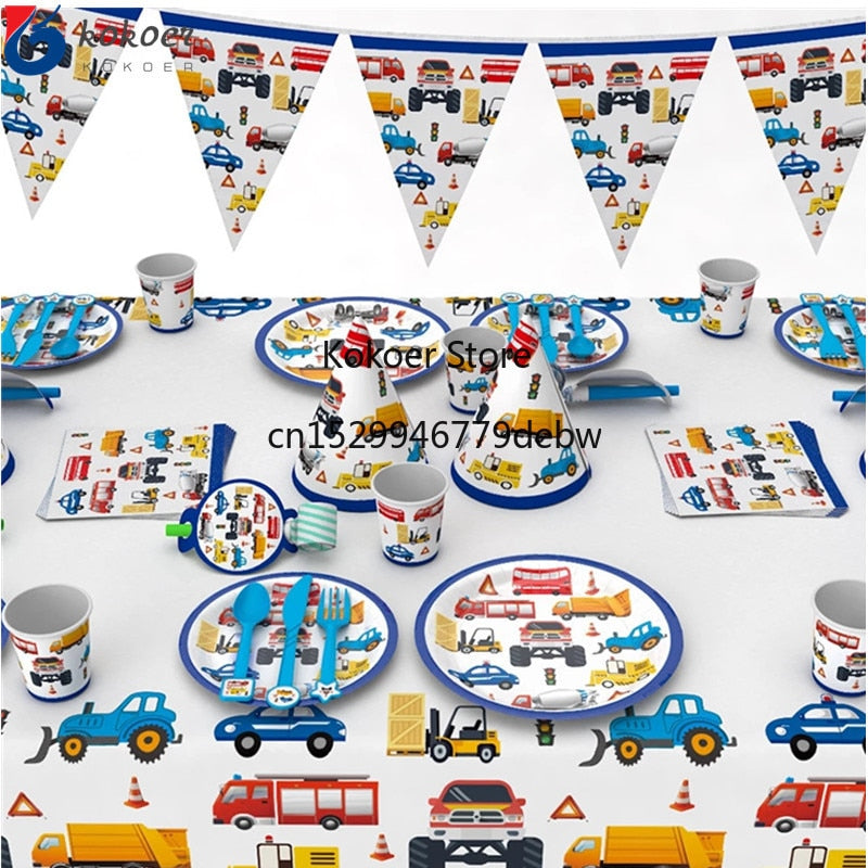 Construction Trucks Engineering Cars Party Disposable Tableware Set - Pioneer Merchandise