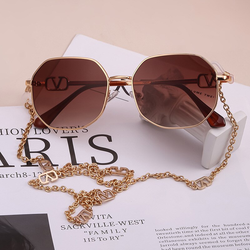 2022 Luxury Fashion Metal With Chain Unique Polygon Sunglasses