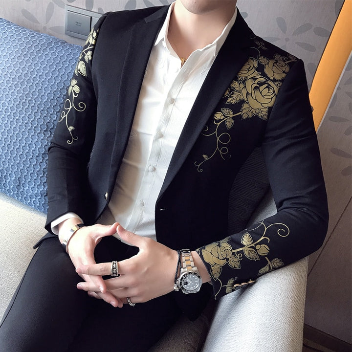 2022 New Luxury Gold Print Blazer Slim Fit Men Blazer Stage Cloth