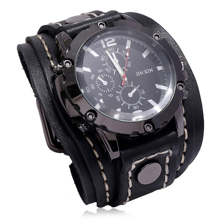 Mens Quartz Watches Luxury Wristwatch Cowhide Watchband Punk Style Wristwatch