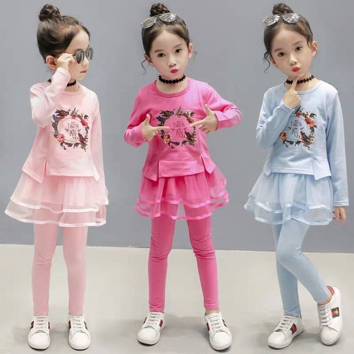 New Spring Girls Clothing Sets Cotton Cute Flower Long Sleeve Top