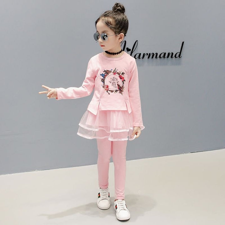 New Spring Girls Clothing Sets Cotton Cute Flower Long Sleeve Top