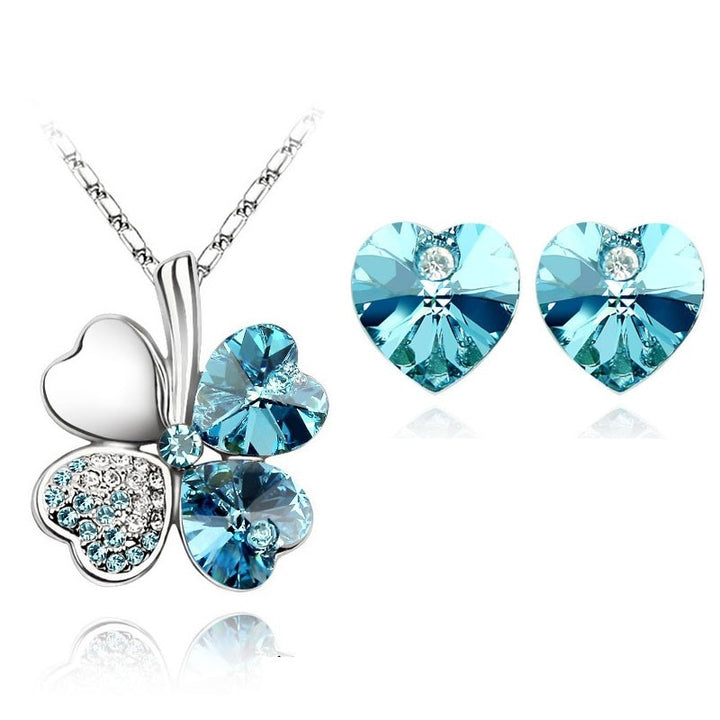 Crystal Clover 4 Leaf heart Pendant Necklace Earrings