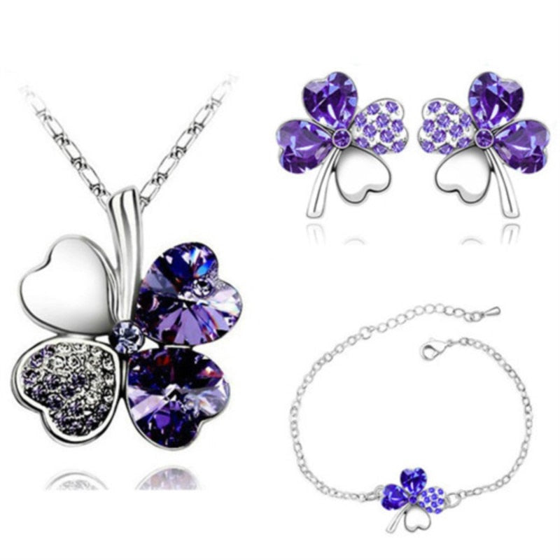 Crystal Clover 4 Leaf leaves heart pendant Jewelry sets necklace earrings