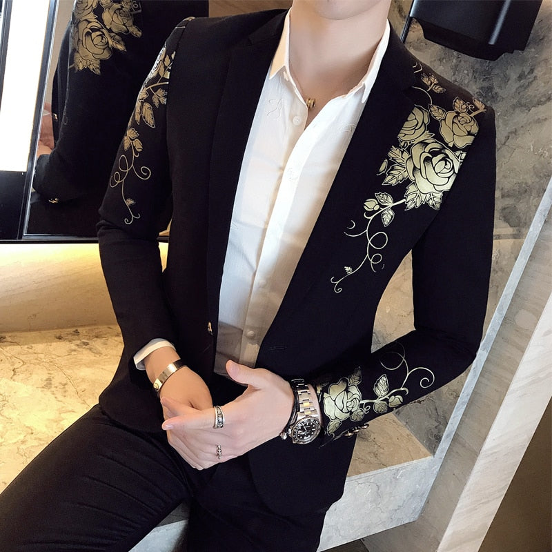 2022 New Luxury Gold Print Blazer Slim Fit Men Blazer Stage Cloth