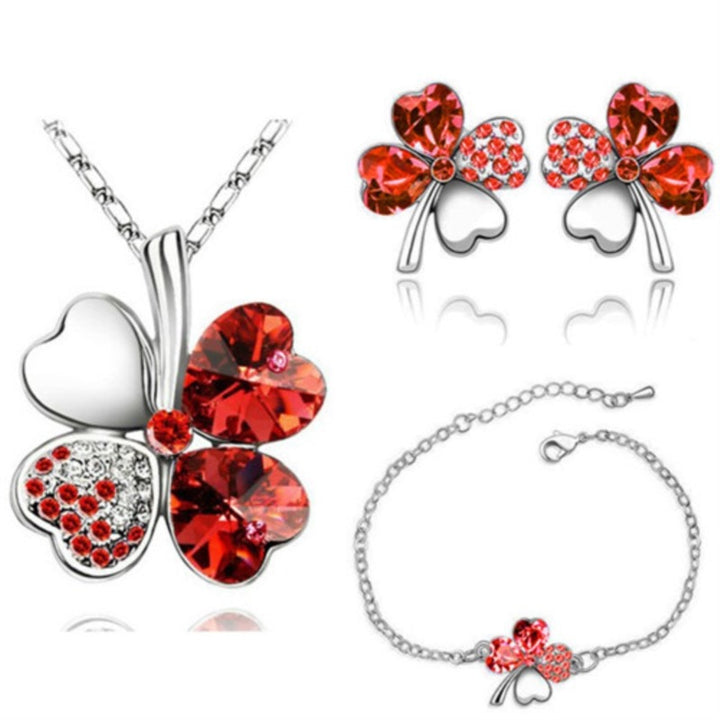 Crystal Clover 4 Leaf leaves heart pendant Jewelry sets necklace earrings