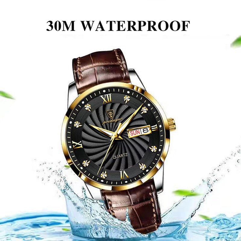 POEDAGAR Business Mens Watches Waterproof Sport Casual Genuine Leather Wristwatch