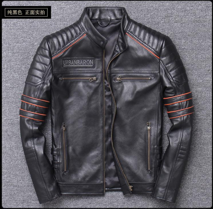 Brand skull cowhide coat.Y2K black slim genuine leather jacket