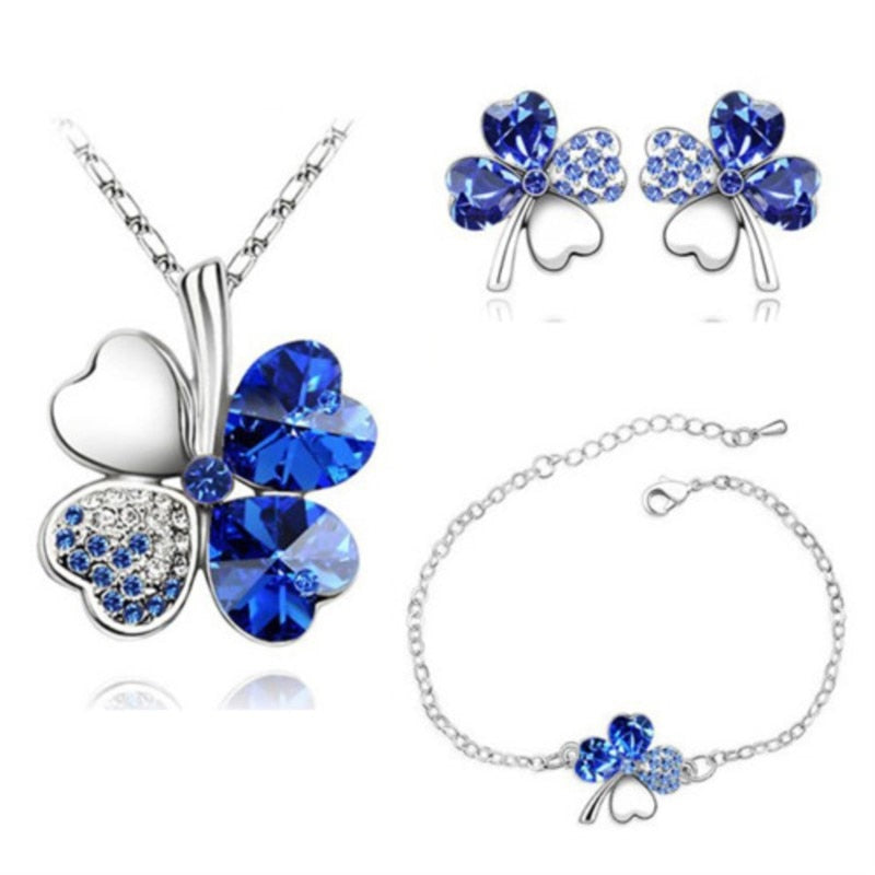 Crystal Clover 4 Leaf leaves heart pendant Jewelry sets necklace earrings