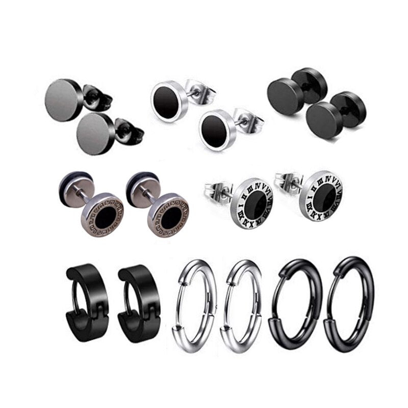 Statement Dumbbell Black And Sliver Ring Of Earrings Tiny Titanium Steel Dumbbell set