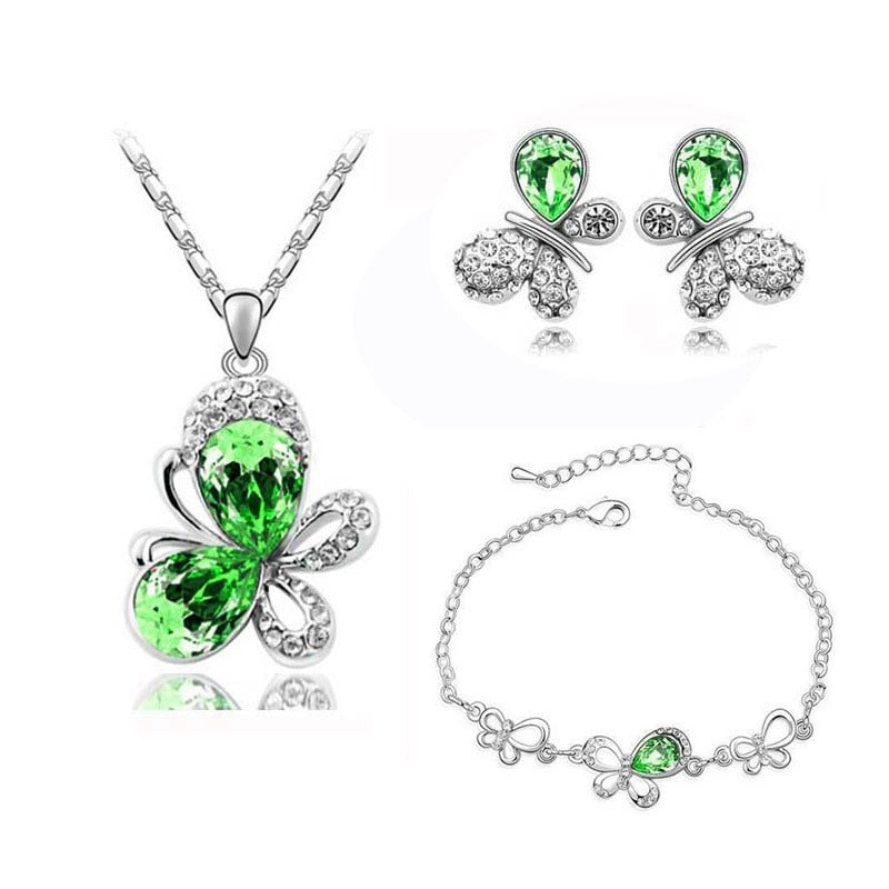 quality Crystal Butterfly Pendant fashion Jewelry set necklace earrings