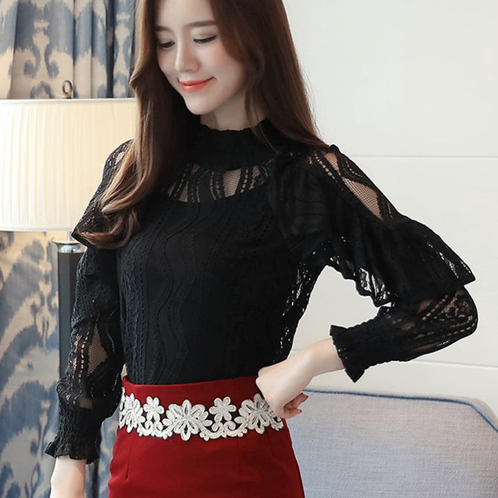 Ruffle Lace Nine Quarter Sleeve Blouse Shirt 2023 Women Clothing