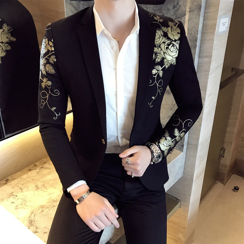 2022 New Luxury Gold Print Blazer Slim Fit Men Blazer Stage Cloth