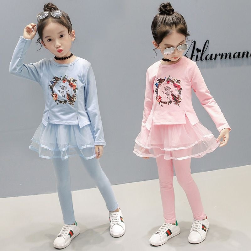 New Spring Girls Clothing Sets Cotton Cute Flower Long Sleeve Top