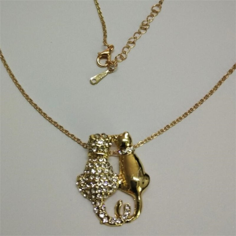 shine rhinestones Couple cat kitten Pendant Necklace